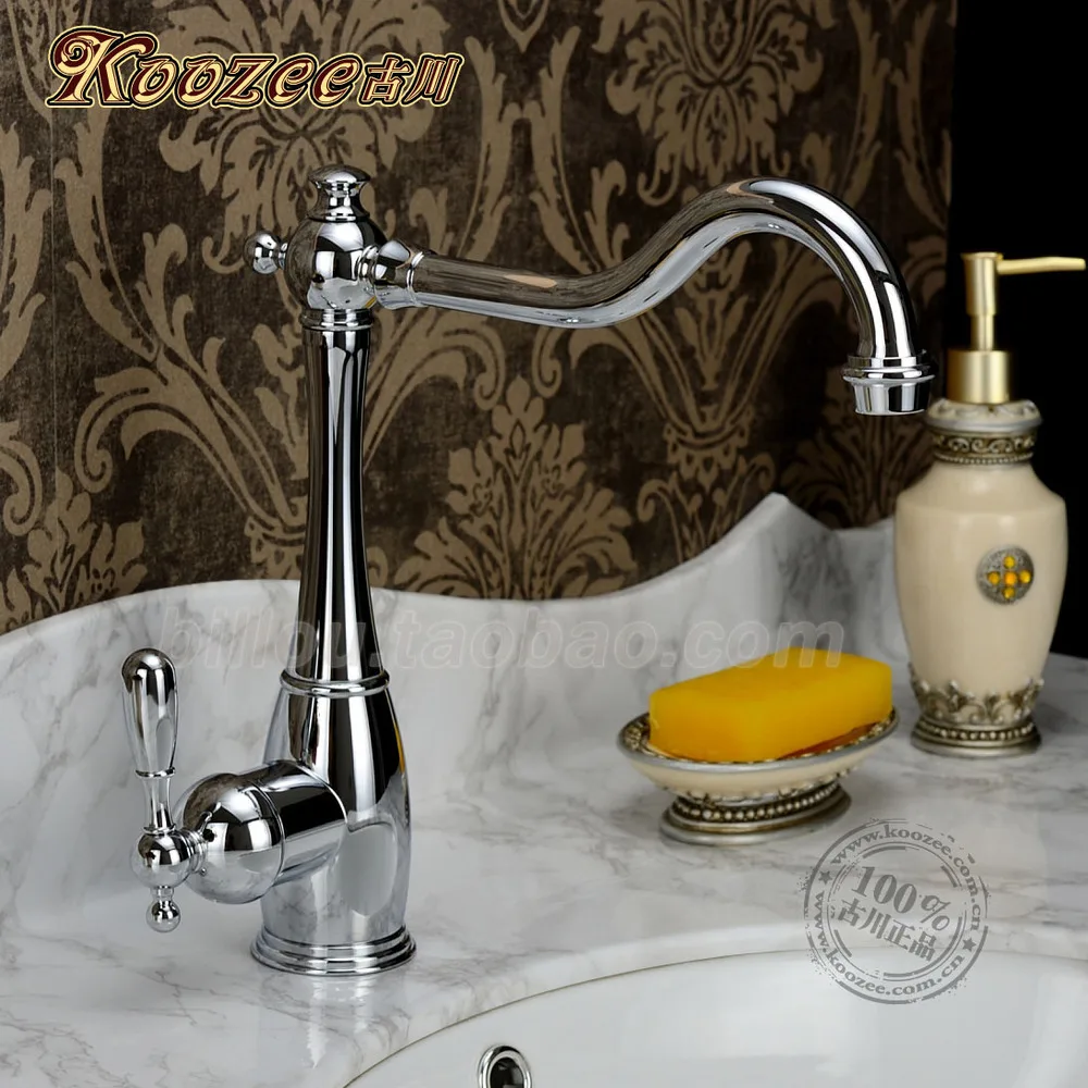 

European kitchen faucet modern chrome silver copper whole audience can be rotated vegetables basin faucet hot and cold faucet Fu