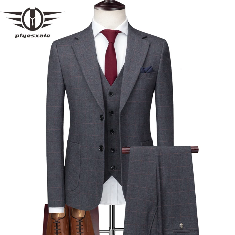 

Plyesxale Для мужчин юбочные костюмы для женщин 2018 Slim Fit 3 предмета Темно-синие серый Нарядные Костюмы для свадьбы для Для мужчин последняя Бизне...