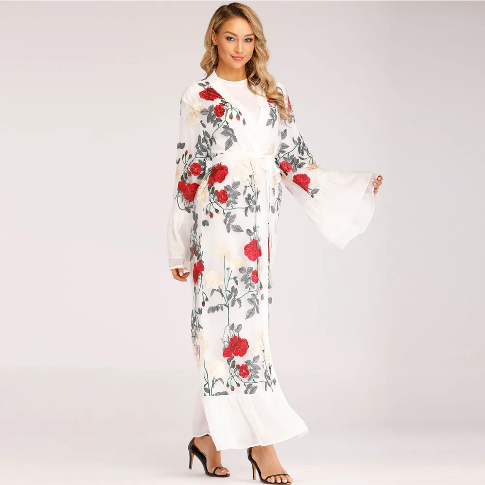 Женское платье Abayas в мусульманском стиле Кружевное платье-кафтан с вышивкой