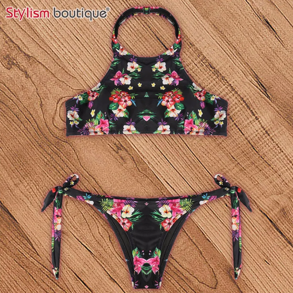 Женский винтажный комплект бикини с принтом купальный костюм высокой горловиной