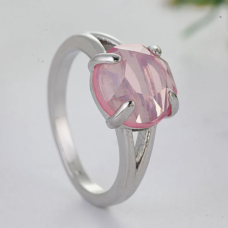 Женские круглые свадебные кольца серебряного цвета с розовым кристаллом из