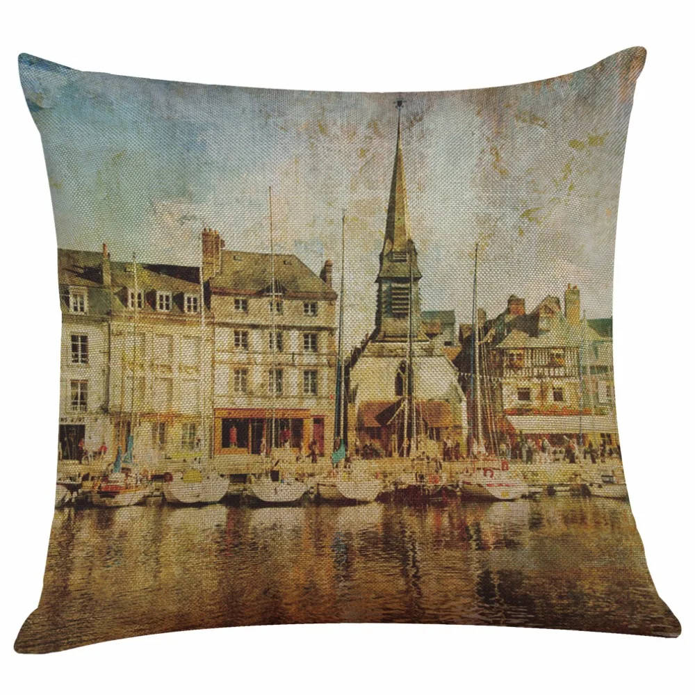 Наволочка Подушка винтажная Венеция город на воде наволочка из полиэстера и льна