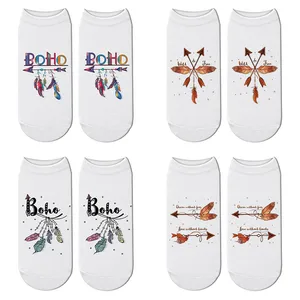 Новые носки в стиле бохо с 3D принтом диких перьев, женские милые короткие носки с индийским бантом и стрелками, кавайные носки до щиколотки диких примитивных племени