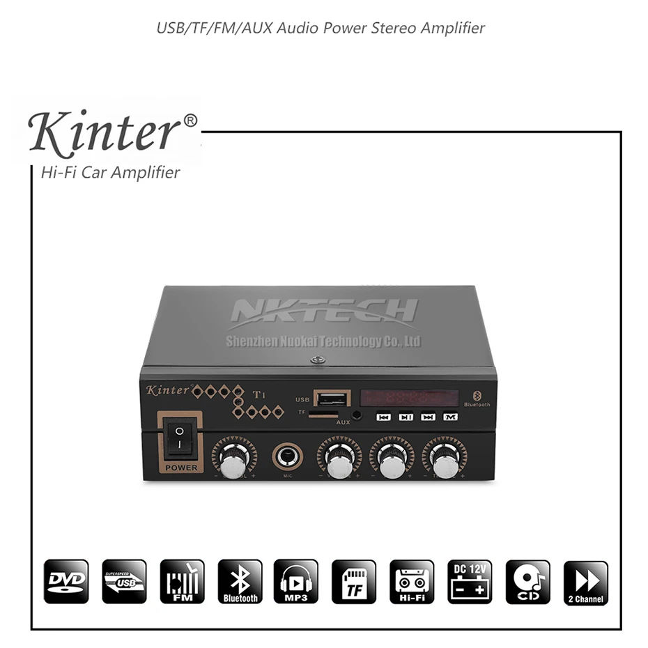 Автомобильный усилитель мощности Kinter T1 цифровой аудио плеер Bluetooth 2CH 25 Вт RMS Hi-Fi стерео супер бас DC12V 220-240 в караоке микрофон вход