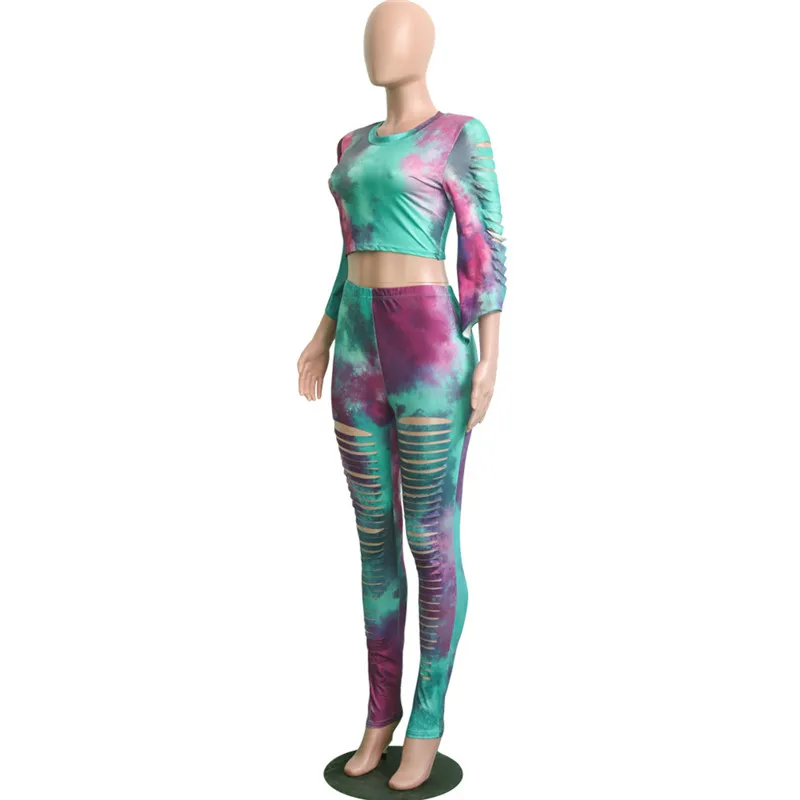 Echoine Tie Dye полый женский спортивный костюм 3/4 рукав укороченный верхний карандаш