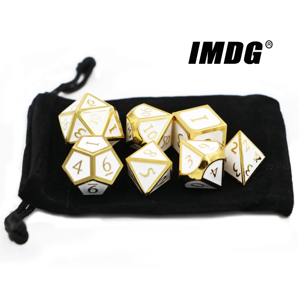 

IMDG 7pcs/set Creative RPG Game Dice Polyhedron Metal Dice DND New Font Enamel Gold White Color Digital Game Dice