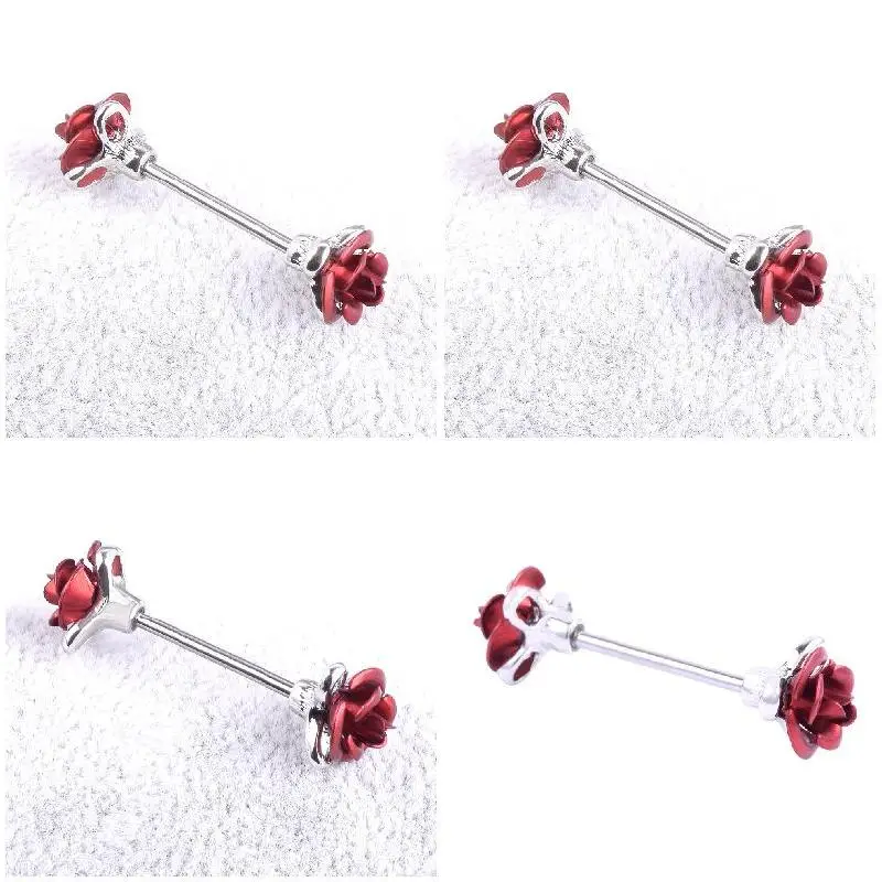 Нежное двойное кольцо из нержавеющей стали с красной розой для сосков цветком
