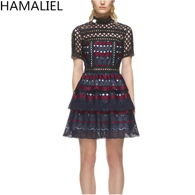 HAMALIEL, подиумное платье, Автопортрет, осень, Woemn, короткий рукав, кружево, пэтчворк, выдалбливают, женское, стоячий воротник, вечерние платья