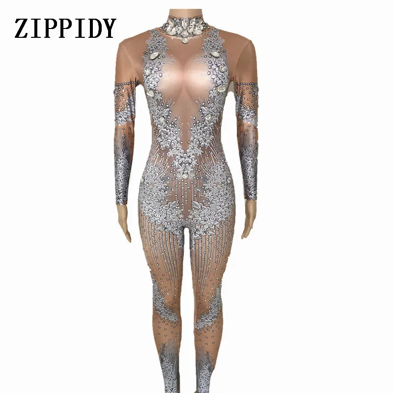 Big Stretch Nude Rhinestones Jumpsuit Sexy Spandex Bodysuit Stage Performance Party Celebrate Bright Costume Stage Dance Outfit