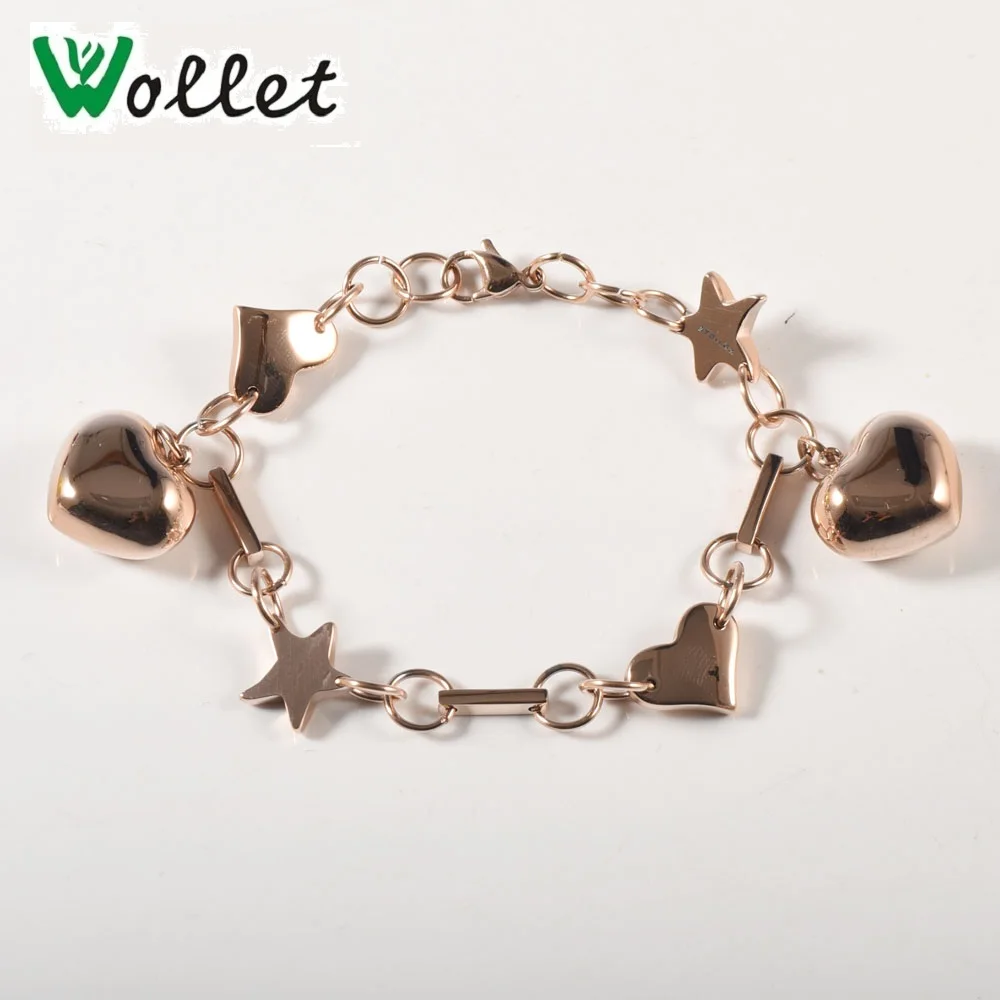 

Wollet Jewelry 316L Stainless Steel Charming Charm Bracelet for Women Heart and Star Design Rose Gold Color or No-plating