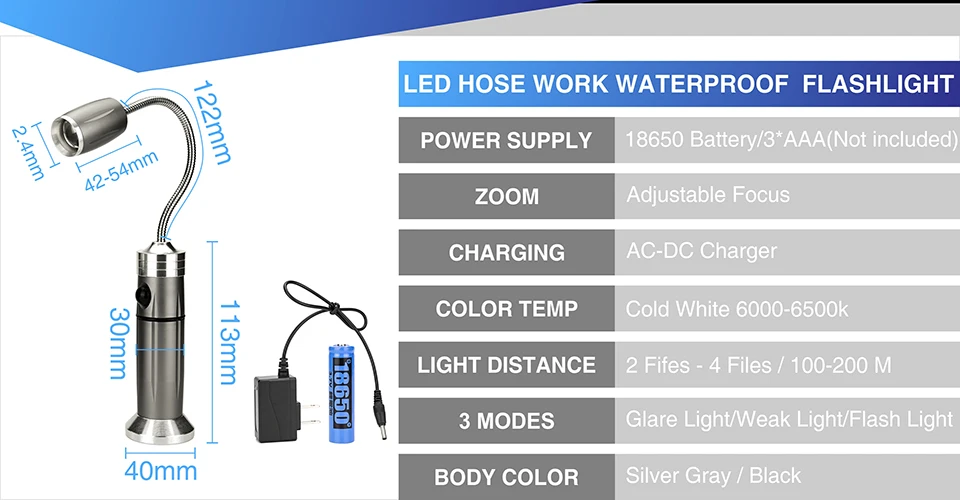 Portable LED Flashlight Multifunctional Waterproof Working Lamp Magnetic Base Flexible Gooseneck Adjustable Focus Light For BBQ