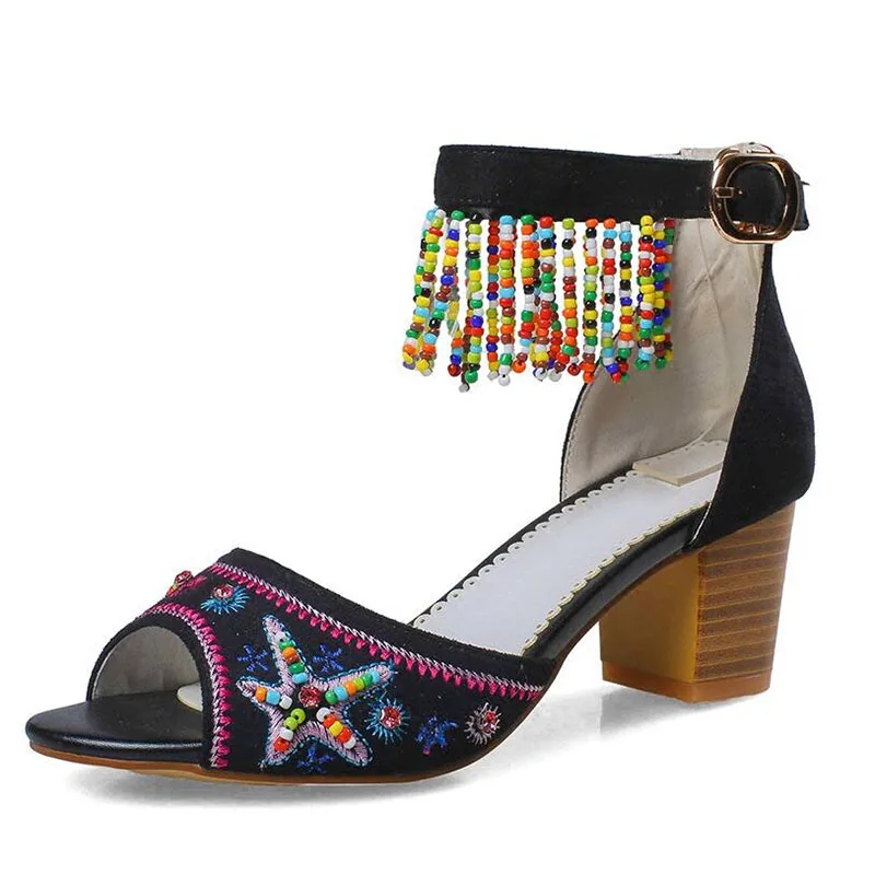 

Tassel sandals female high-heeled shoes open toe thick heel vintage national embroidery trend women's shoes bohemia
