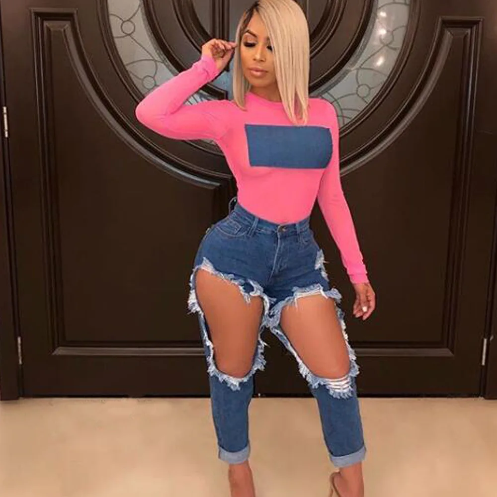 Повседневные рваные синие длинные джинсы с дырками женские элегантные брюки