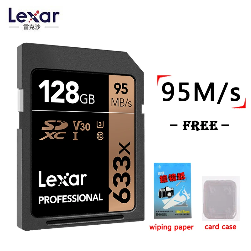 Lexar натуральная 95 МБ/с. 633x16G sd-карты 64GB 32GB 128 ГБ флеш карта SDHC/SDXC U3 Class 10 флэш карты памяти SD карты для DSLR HD видео карта
