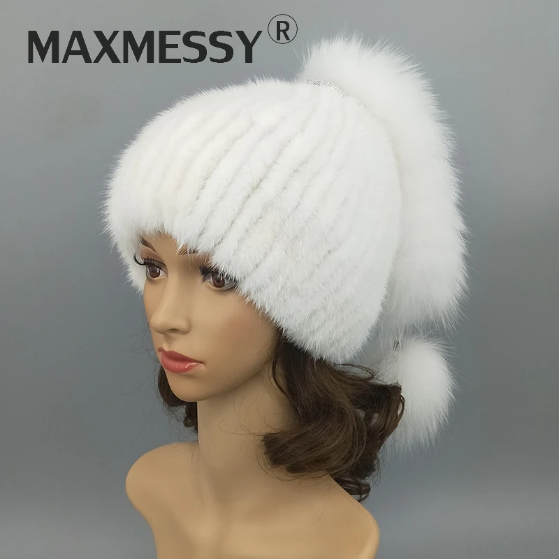 MAXMESSY Модные женские реальные натурального меха норки вязаная шапка утолщаются
