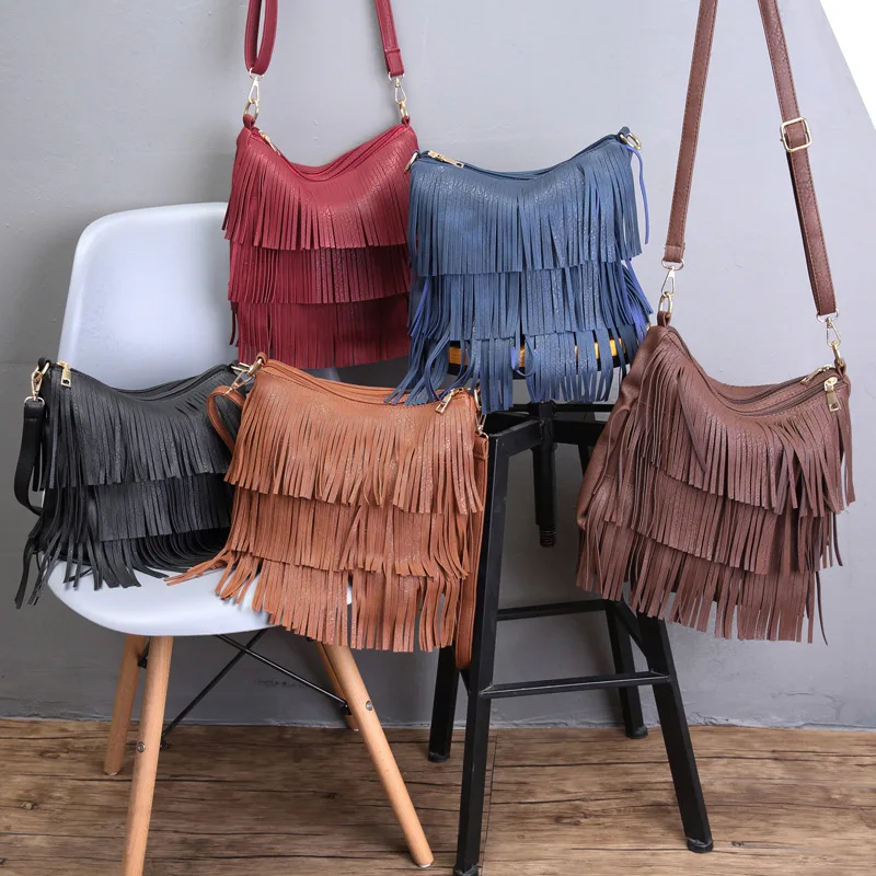 Модная Хиппи Бахрома Кисточкой Маленькая женская веганская кожаная сумка Бохо