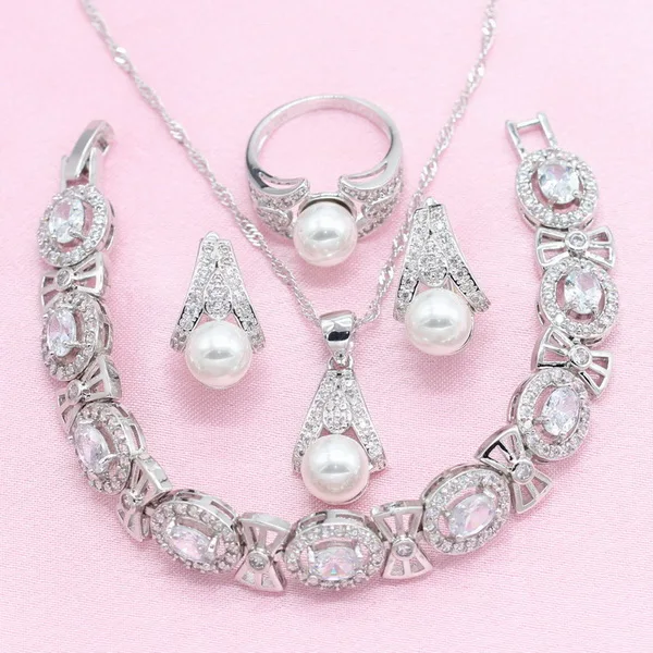 White Freshwater 925 Silver Bridal Jewelry Sets for Women Earrings Bracelet Necklace Pendant Ring Birthday Gift Box - Окраска металла: 4pcs with Bracelet