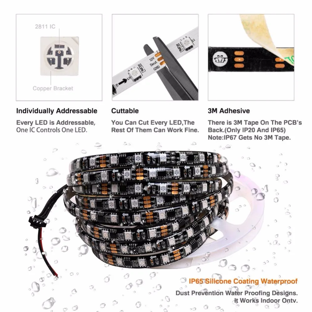 WS2811 IC 5m Flexible LED Strip light Dream Color DC12V Programmable Addressable full color RGB Pixels riboon Tape lamp - купить по