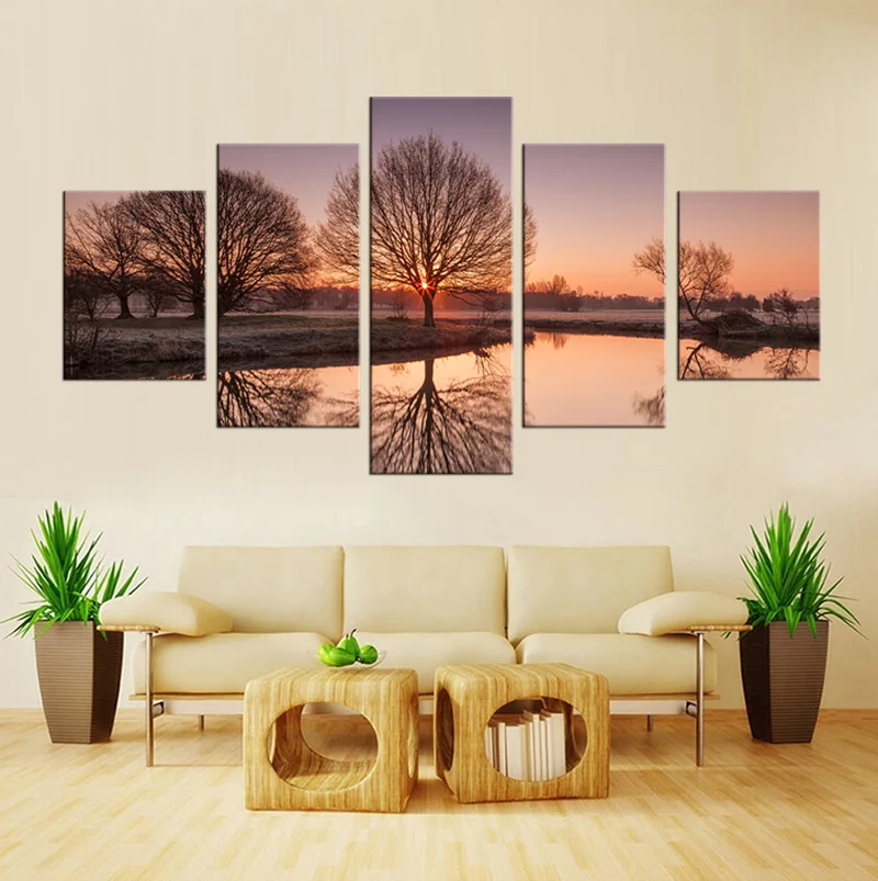 5 panel printing tree art sunset landscape picture big canvas painting bedroom living room home wall decoration | Дом и сад
