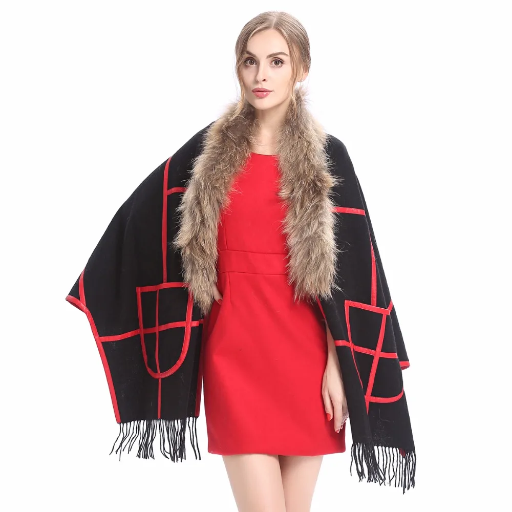 ZY87060 дизайн модные женские и женские воротник из меха енота шерсть кашемир с PU мехом пашимина шаль-пончо