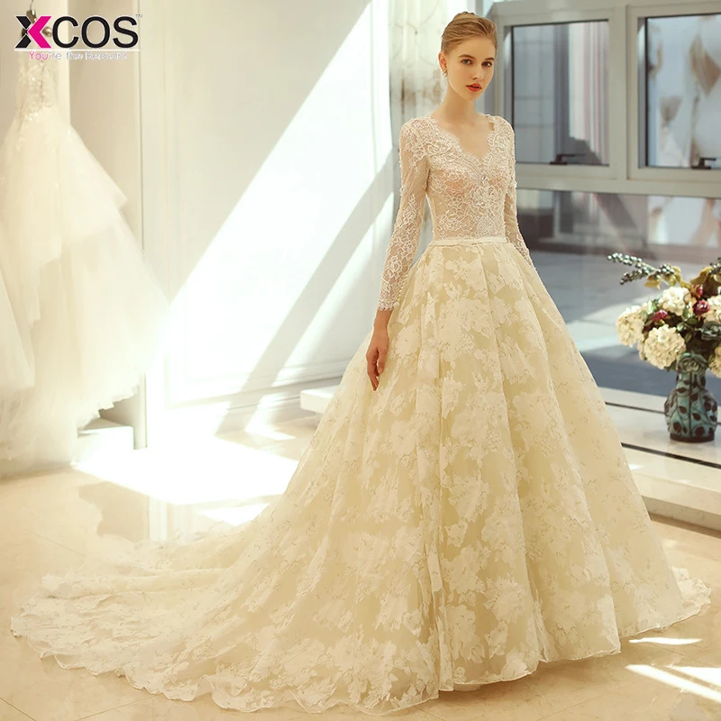 Винтажный бежевый свадебный наряд 2018 бальное платье с длинными рукавами