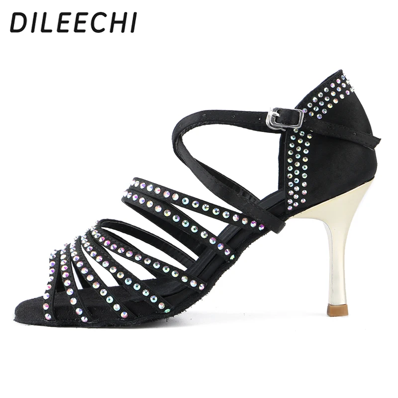 DILEECHI туфли для латиноамериканских танцев разы черные атласные Золотые женские
