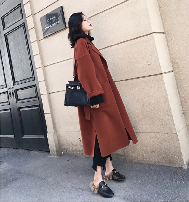 Autumn winter woolen coat women Loose Large size wool coats female Belt slim long Basic coats Both sides of the slit jacket N332