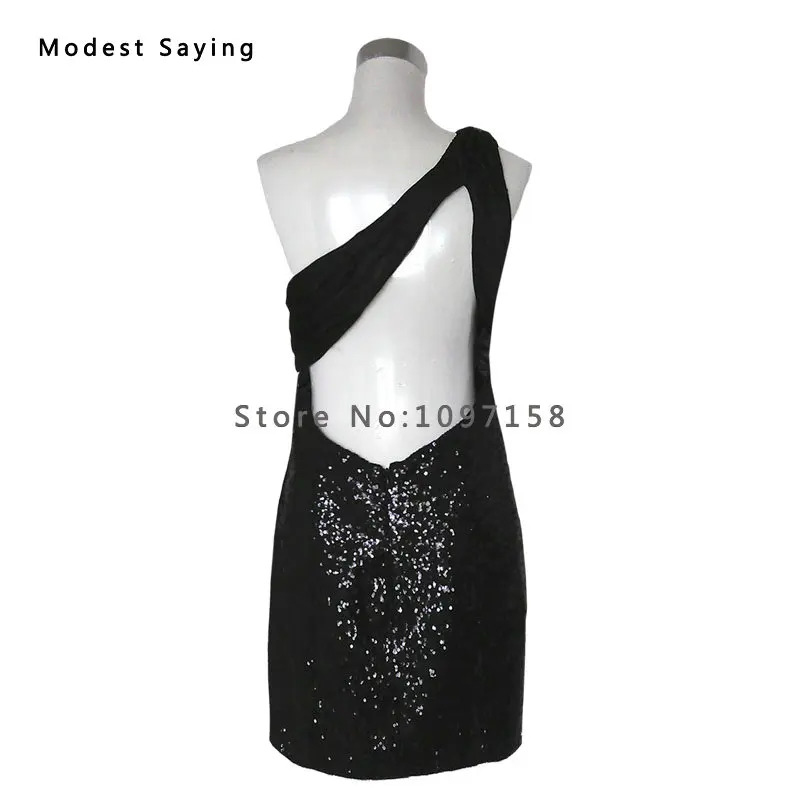 Реальные сексуальные черные прямые вышитые бисером мини-платья на одно плечо для