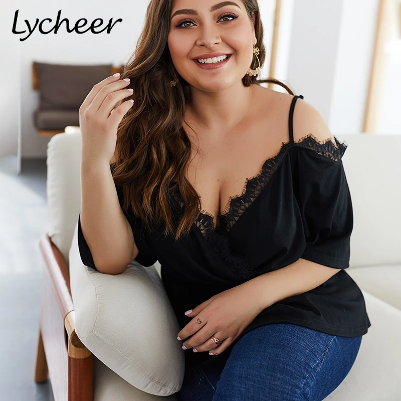 Lycheer плюс размер черный сексуальный кружевной топ на бретелях женская летняя уличная рубашка Топы женские