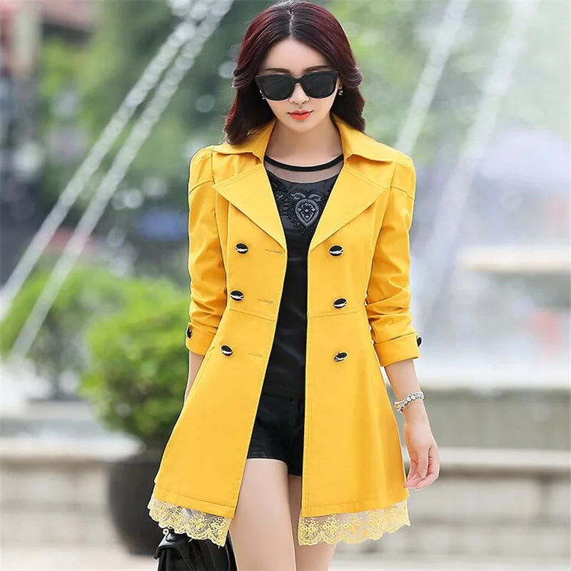 

New windbreaker thin outerwear solid color plus size women clothing belt slim Hook flower hollow temperament coat trench