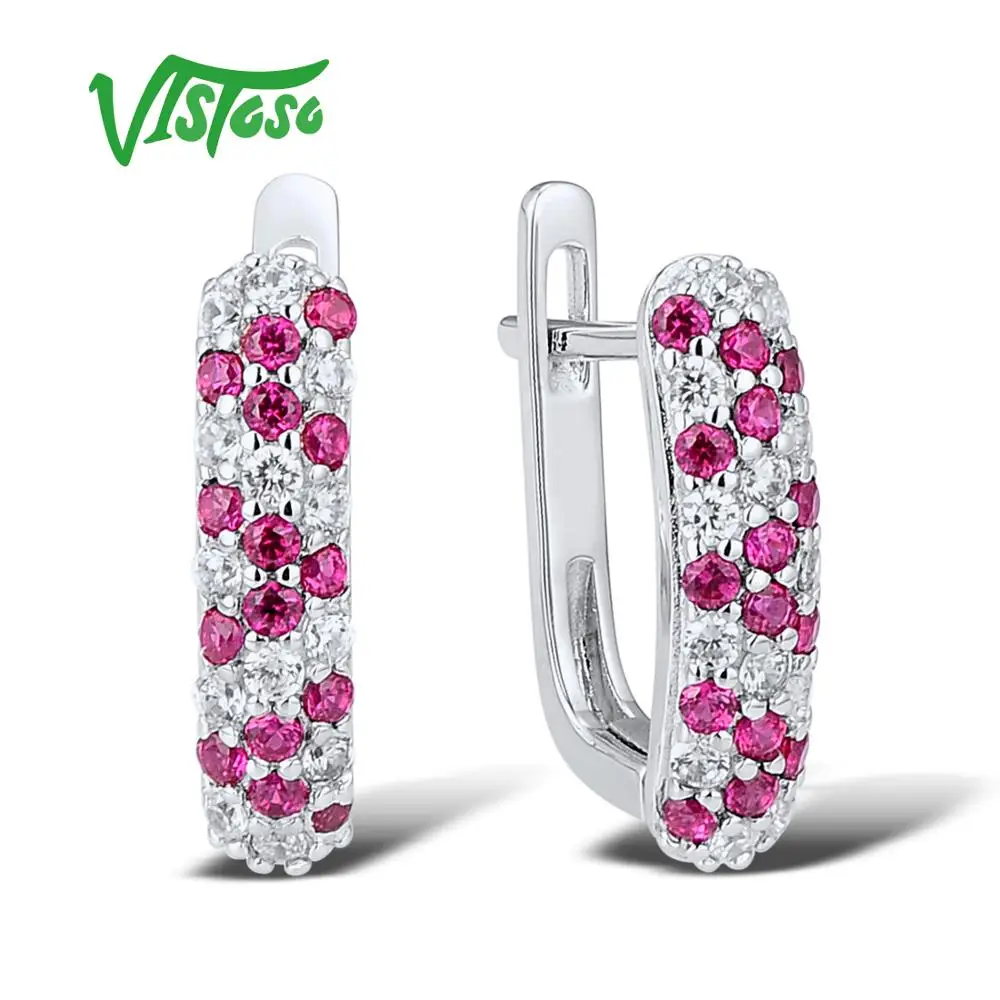 VISTOSO серебряные серьги гвоздики для женщин светящиеся красные шпинели белые CZ