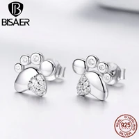 bisaer 2019 new 925 sterling silver animal footprints small stud earrings for women clear cz zircon jewelry efe033