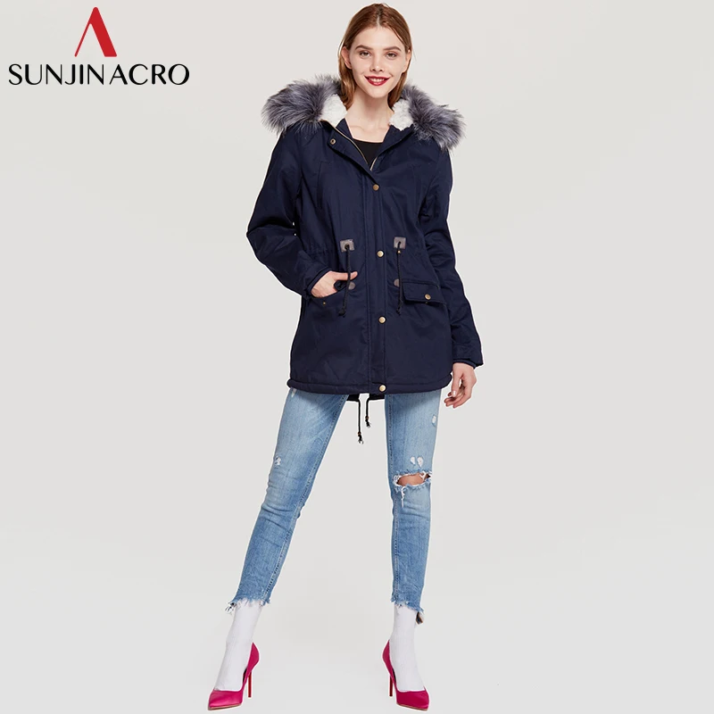 SUNJINACRO Парка женская зимняя куртка утепленная хлопковая верхняя одежда с