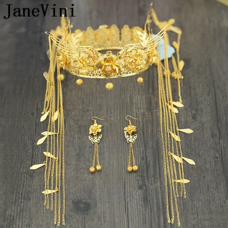 Китайские короны и Серьги невесты jaevini золотистые металлические свадебные