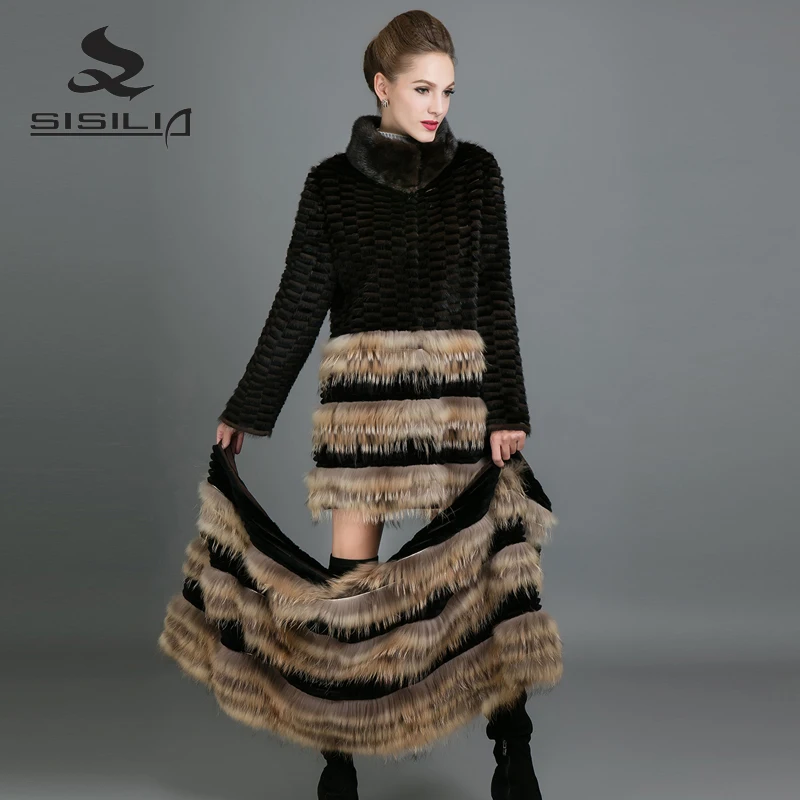 SISILIA 2017 натуральная норковая шуба женская мода длинные куртки с теплой кожей