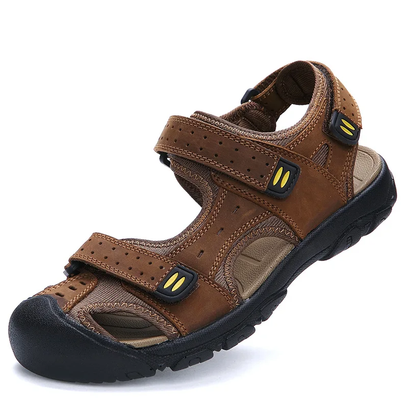 Yellow sandals ROXDIA/Новые Модные дышащие мужские сандалии размера плюс 39-47 летняя пляжная обувь из натуральной кожи мужские сандалии повседневная обувь RXM004 - Цвет: Yellow sandals