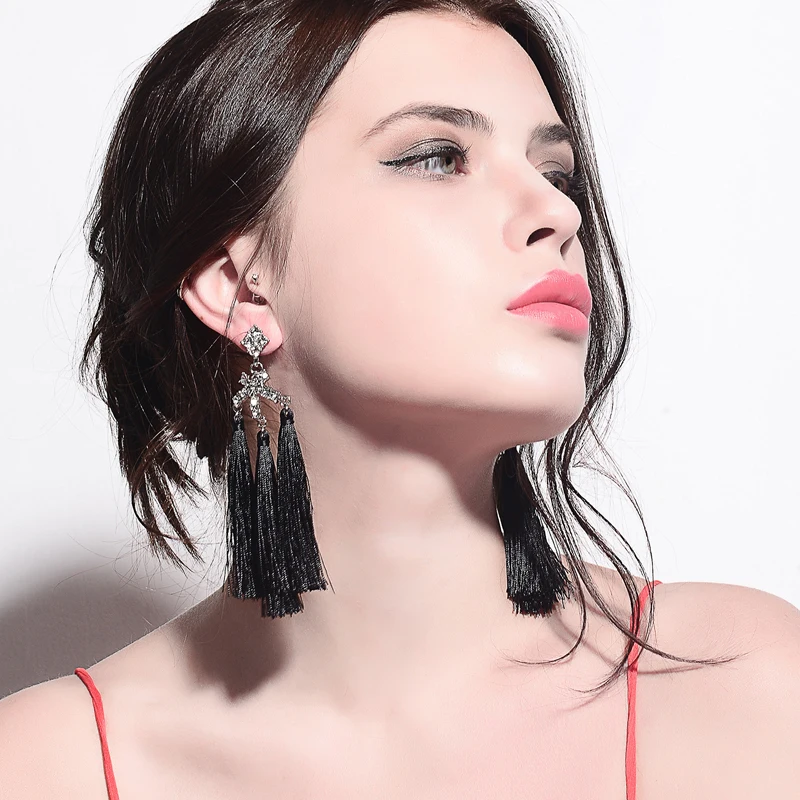 Длинные Стильные черные серьги ручной работы с кисточками и кристаллами 2018