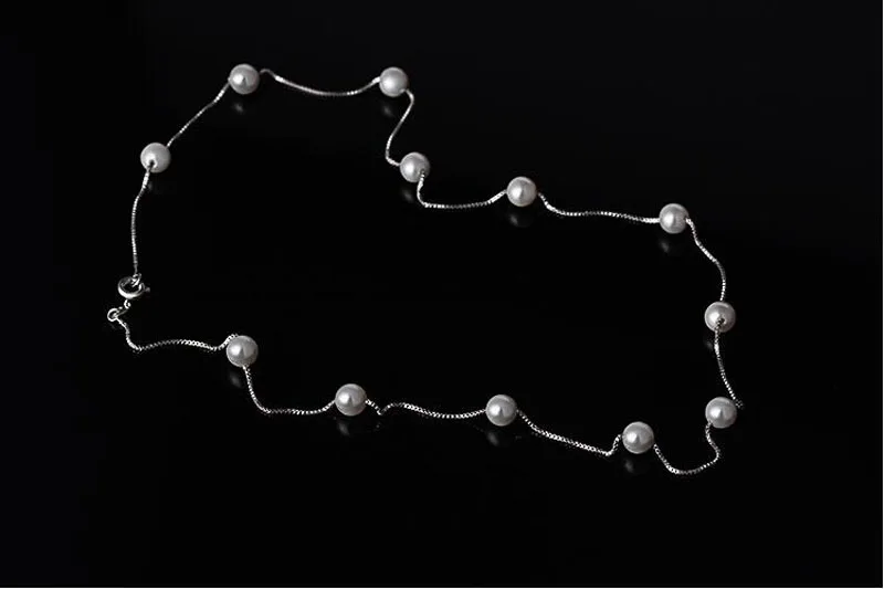 Women Jewellery 925 Silver Box Chain 6MM White Pearls Necklace Bridal Jewelry Female Wedding Gift Collares NZ170 | Украшения и