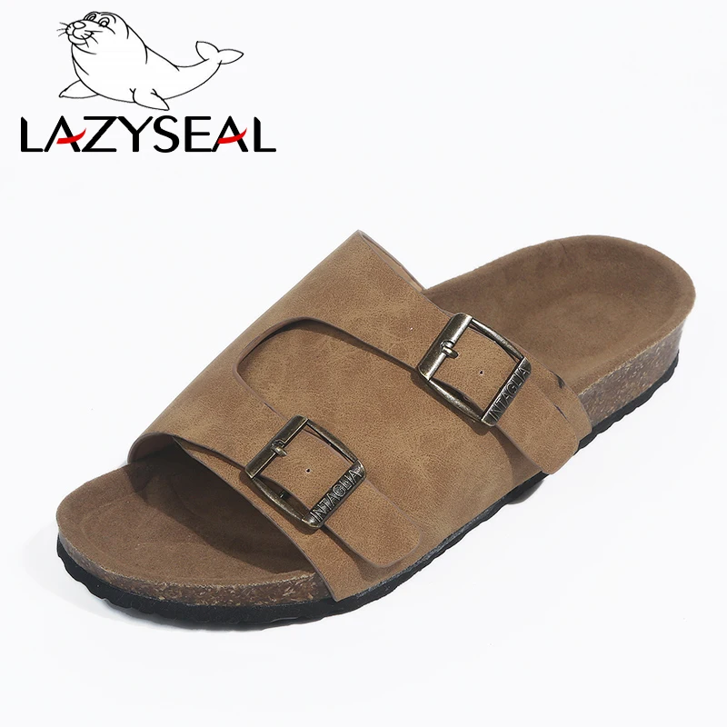 Шлепанцы LazySeal женские на плоской подошве летние пробковые сандалии с пряжкой