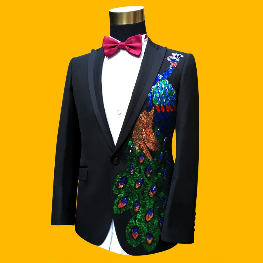 Sequin Tudedo Jacket + Pant 2016 New Beads Peacock Sequins Wedding DJ Stage Mens Prom Suits Plus Size 3XL Costums Homme | Мужская одежда