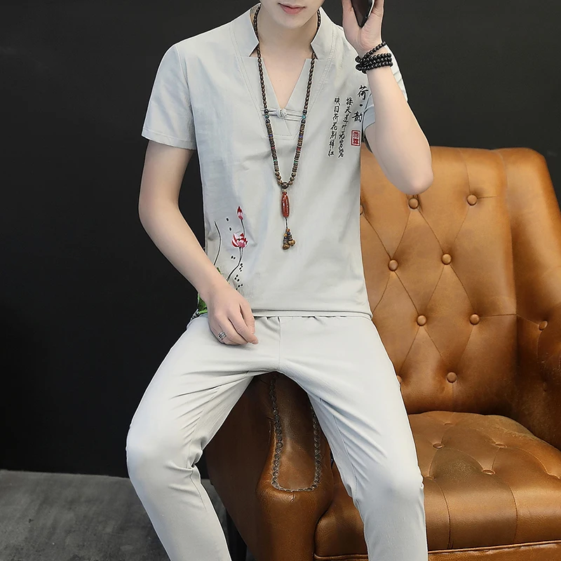 Летний хлопковый и льняной костюм модная Мужская льняная футболка с коротким