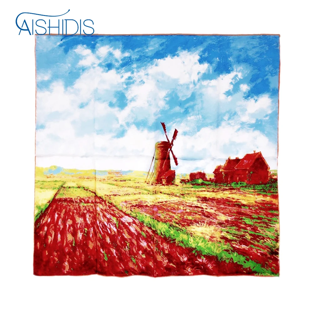 

Women Brand Square Silk Wraps Scarf Capes Works - Claude Monet's "Tulip Field with the Rijnsburg Windmill"
