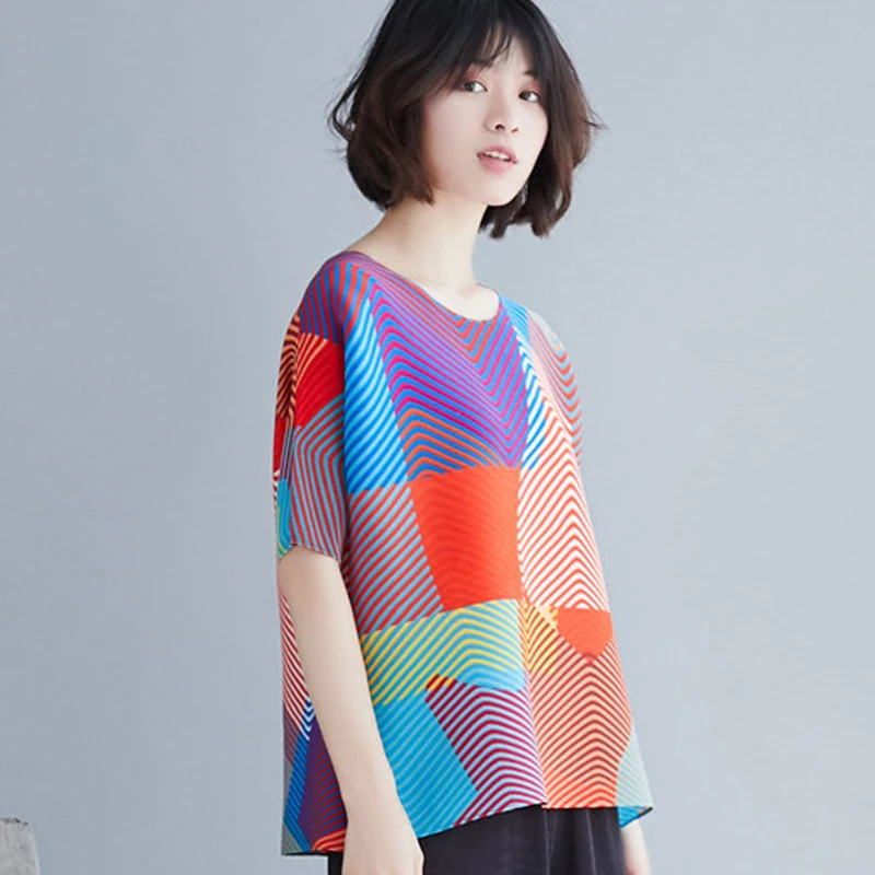 Changpleat 2019 летние новые женские футболки в полоску с принтом топы miяка