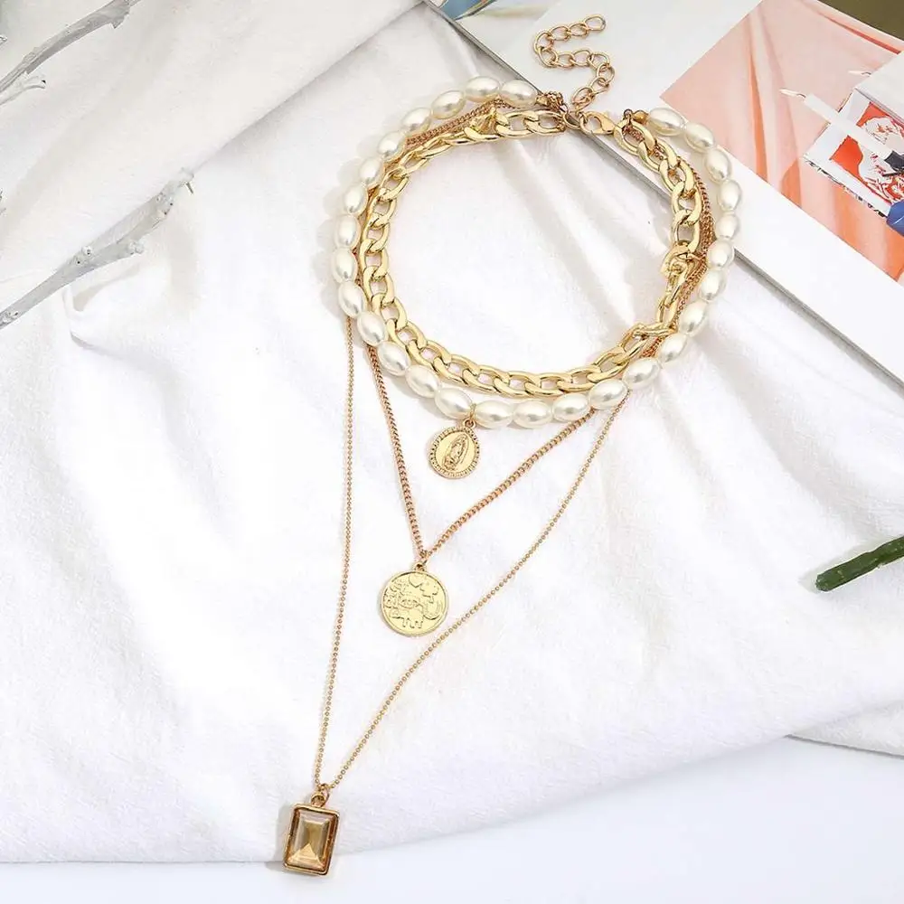 HUANZHI 2019 New Fashion Gold Color Multilayer Coin Chains Pearl Necklaces Geometric Crystal Pendants for Women | Украшения и