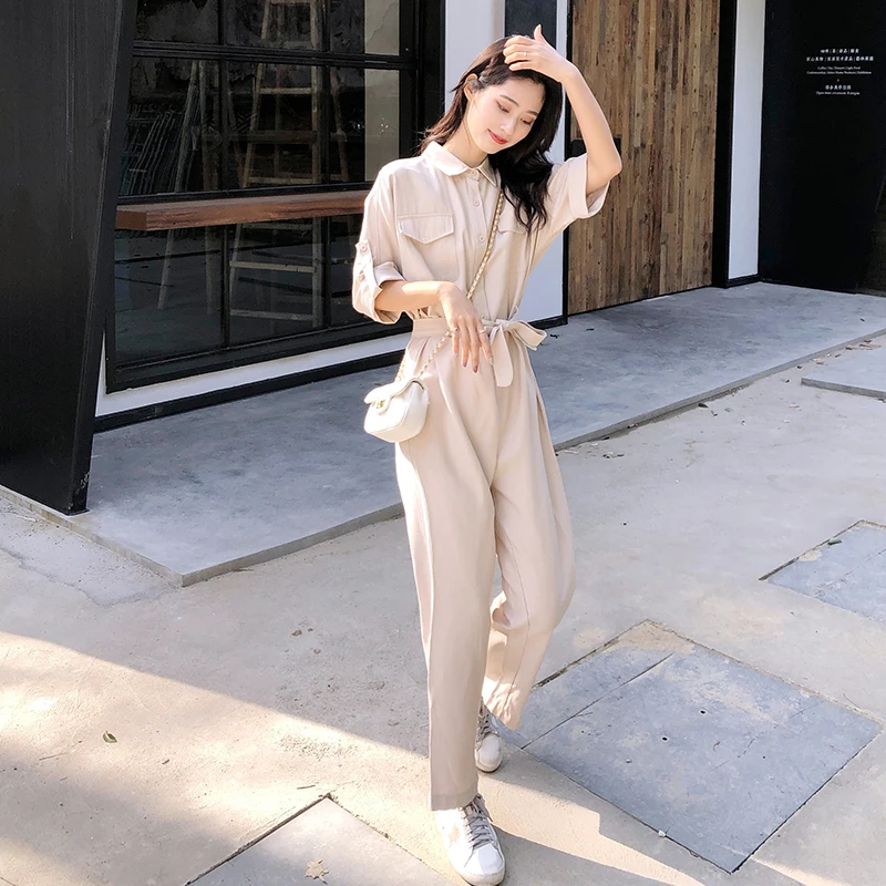 Женский однотонный комбинезон шаровары с карманами и высокой талией женский