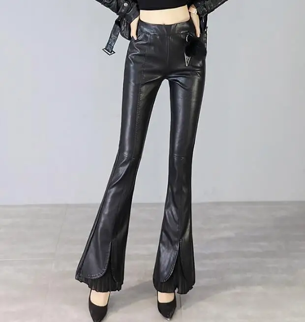 

S-2XL Hot / Spring Women New Fashion High-waisted micro-bell chiffon splicing of casual PU trousers