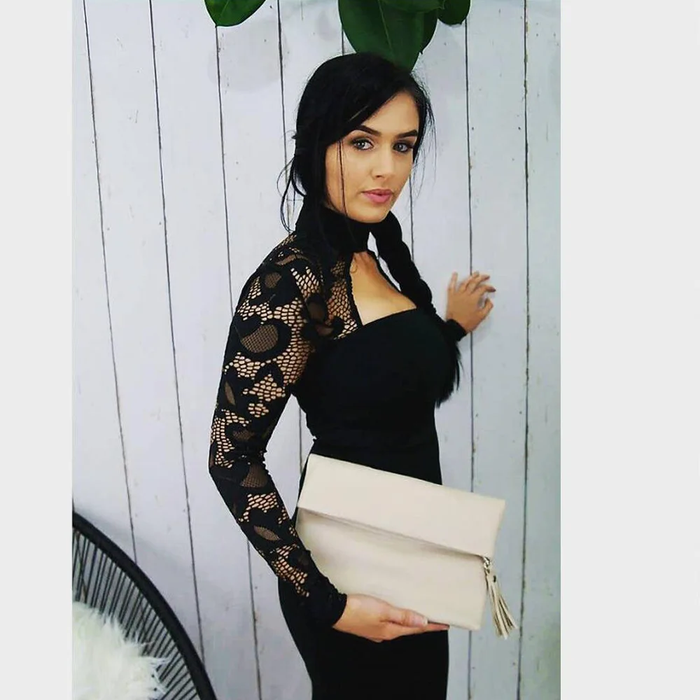 Loneyshow Элегантный Холтер с длинным рукавом белый черный кружева сексуальные