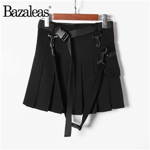 W2283 black Женские юбки, сексуальные, Харадзюку, короткие юбки, повседневные, серые, с поясом, модные, плиссированные юбки, панк, мини юбка, Винтаж - Цвет: W2283 black