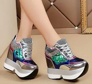 Fashion Women Thick Shoes Casual Golden Sequins Patent Leather Gold Flat Platform Women's Lace Up Female 35-3 | Обувь