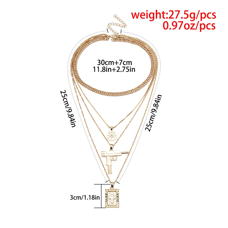Массивное женское ожерелье с подвеской в виде оружия УЗИ многослойное стиле